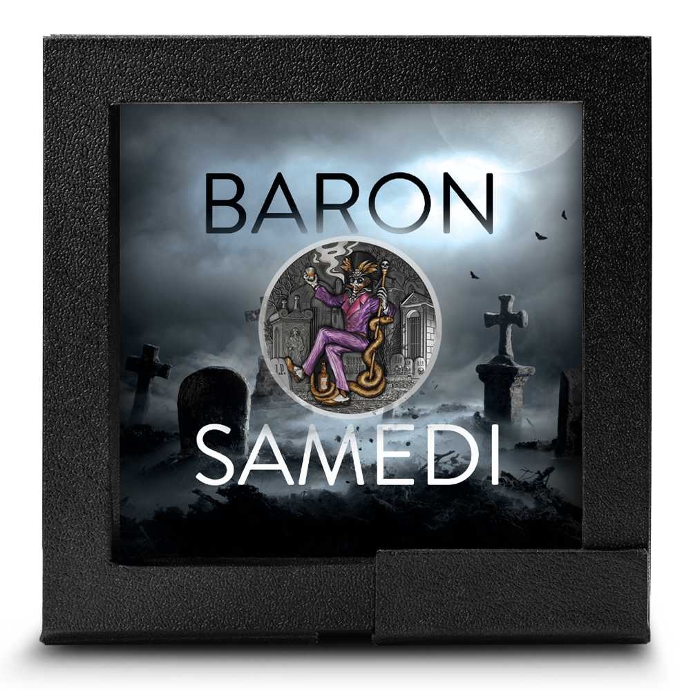 2025 2 oz Antique Colorized Cameroon Silver Baron Samedi Coin - Image 3