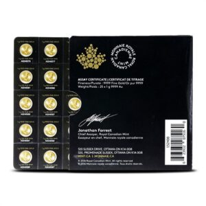 25 Gram Canadian Gold MapleGram (25x1g, BU w/ Assay)
